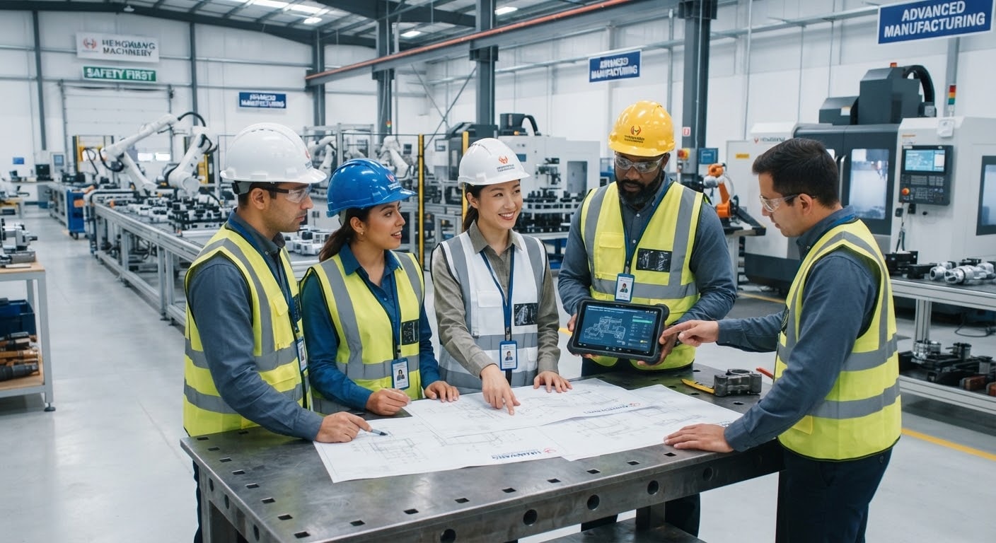 Industrial engineers reviewing plans in a modern manufacturing facility.