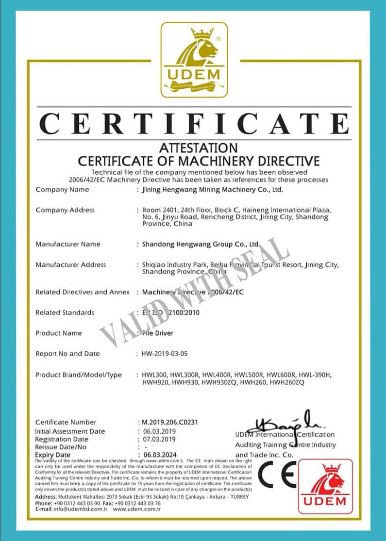 Attestation Certificate of Machinery Directive